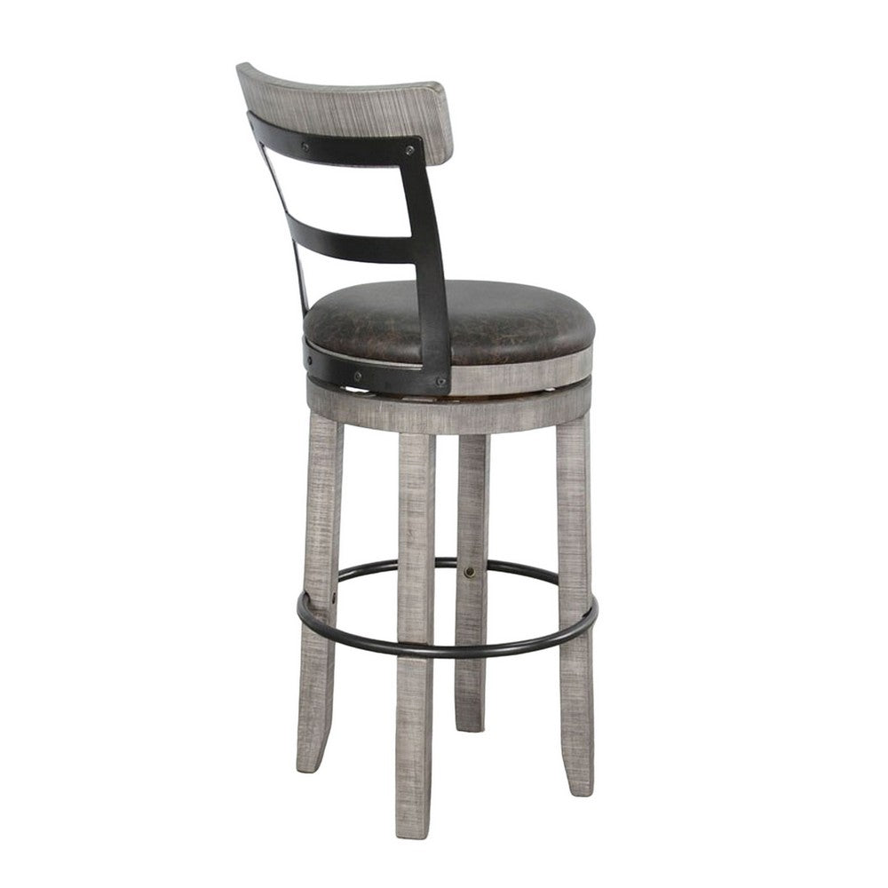 Zeka Swivel Barstool Chair Set of 2, Faux Leather, Gray Mahogany Wood -BM325429