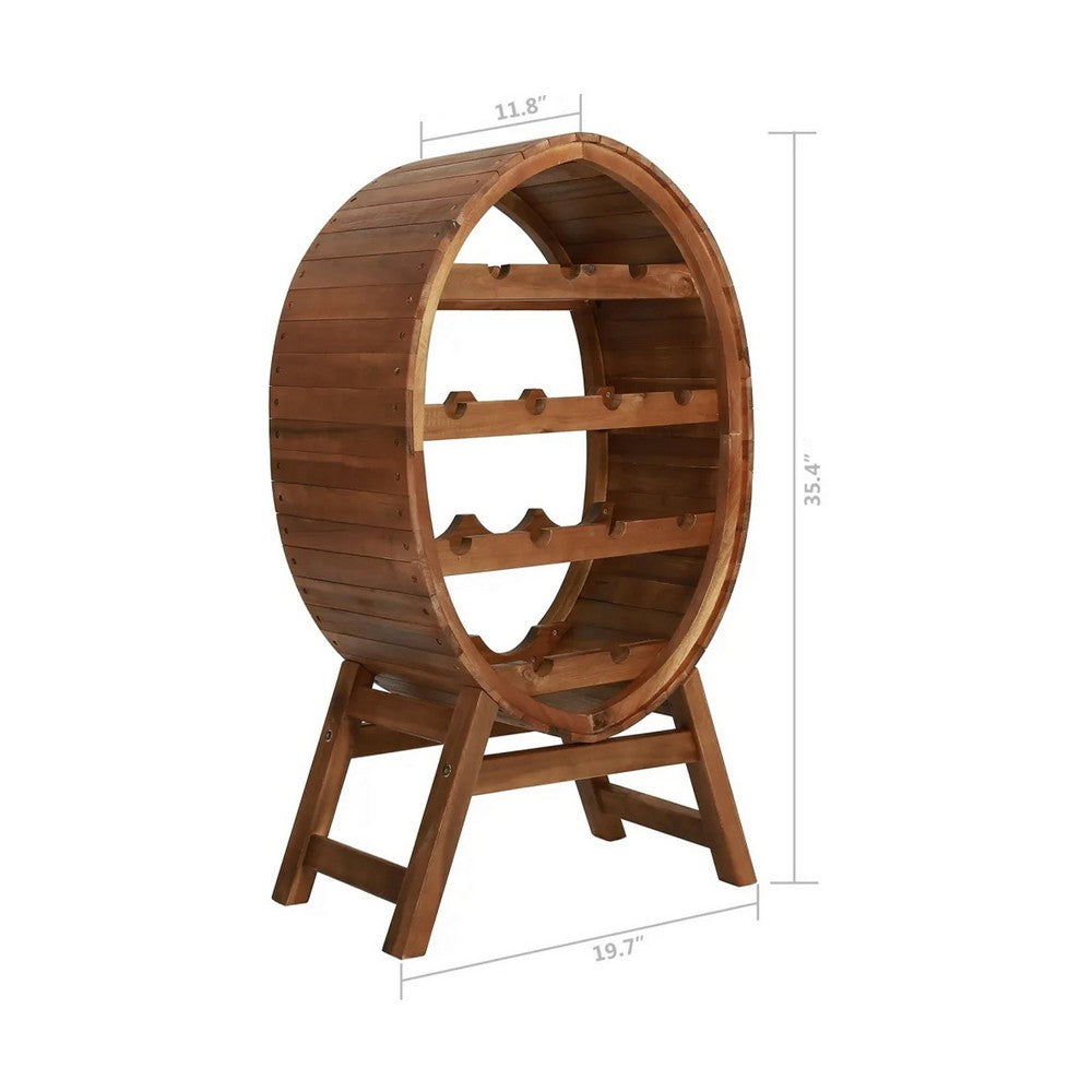 Oval Wine Rack, 13 Bottles, 35 Inch Tall Brown Solid Acacia Wood Frame -BM325574