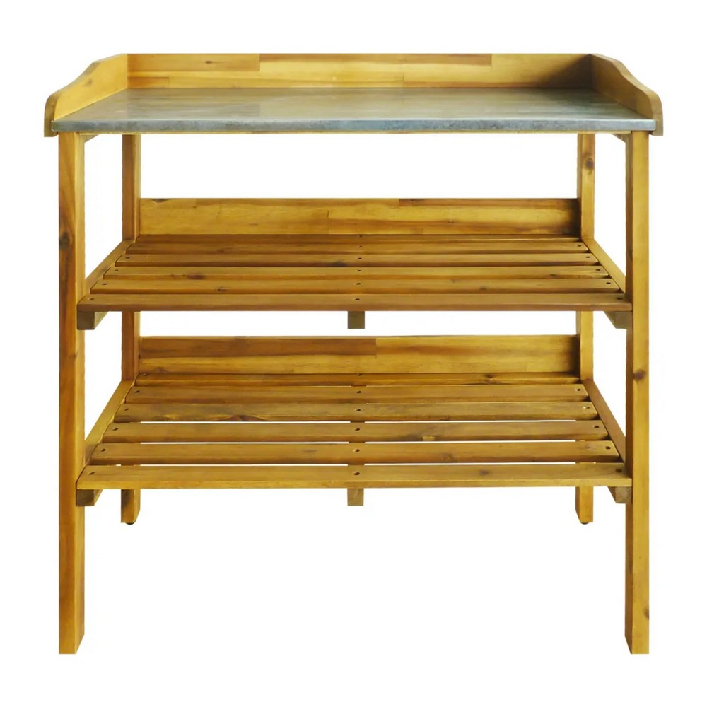 Outdoor Plant Shelf Rack, 2 Shelves, Zinc Liner, Brown Wood, 36 Inch -BM325598
