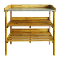 Outdoor Plant Shelf Rack, 2 Shelves, Zinc Liner, Brown Wood, 36 Inch -BM325598