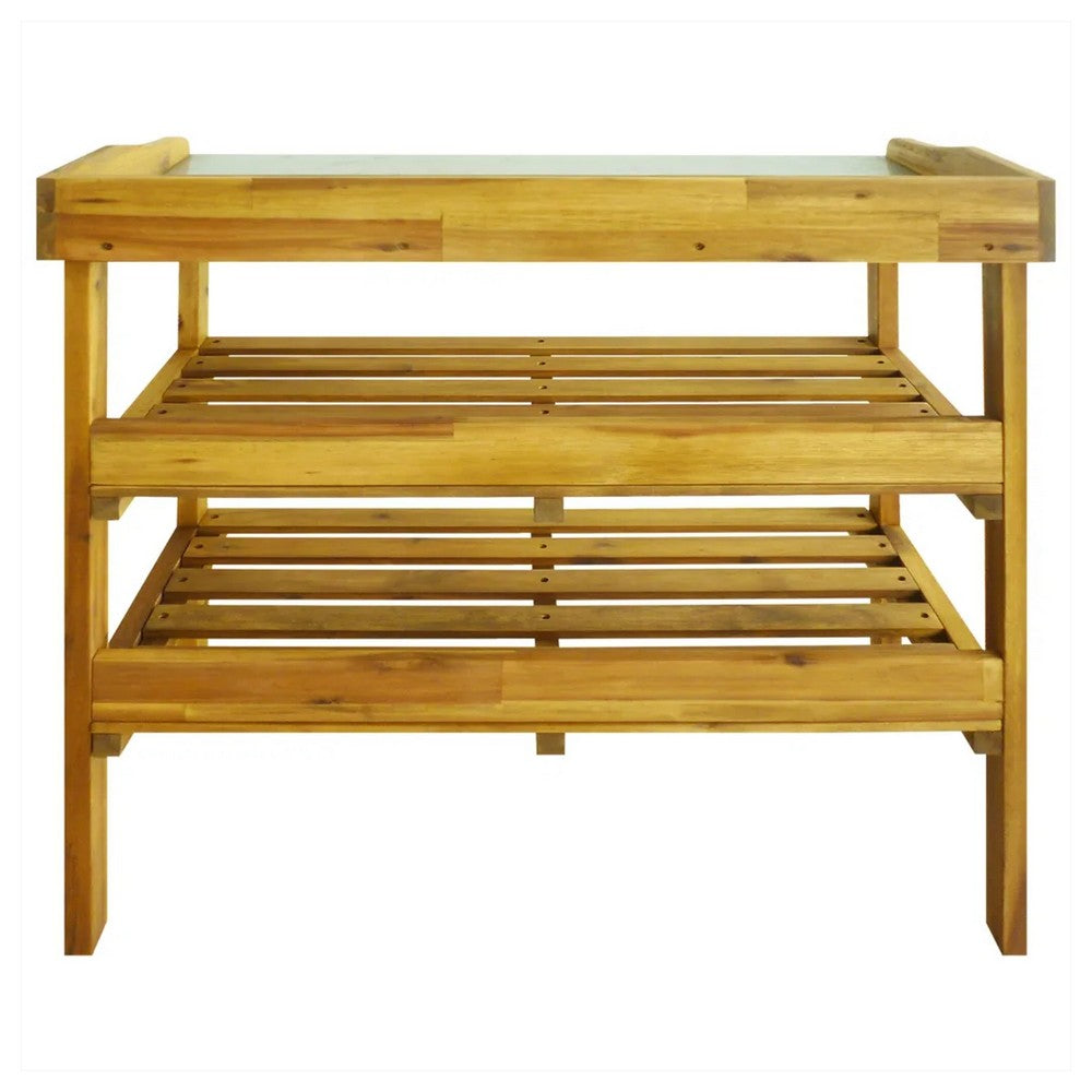 Outdoor Plant Shelf Rack, 2 Shelves, Zinc Liner, Brown Wood, 36 Inch -BM325598