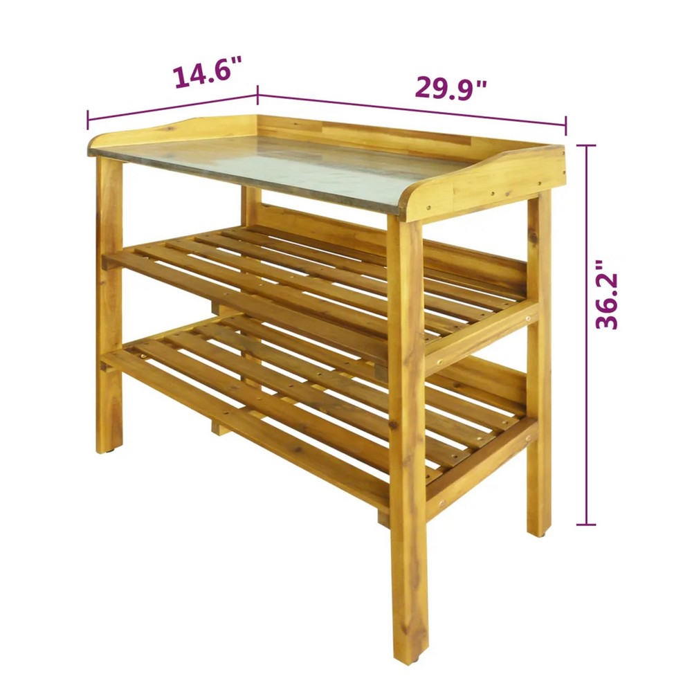 Outdoor Plant Shelf Rack, 2 Shelves, Zinc Liner, Brown Wood, 36 Inch -BM325598