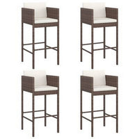 4pc Outdoor Barstool Chair Set, White Cushion, Brown Rattan, 30 Inch