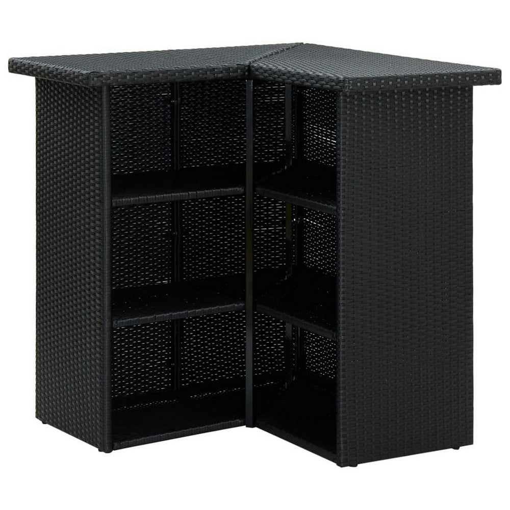 Outdoor Corner Bar Table, 3 Shelves, Black Rattan and Steel, 41 Inch -BM325681