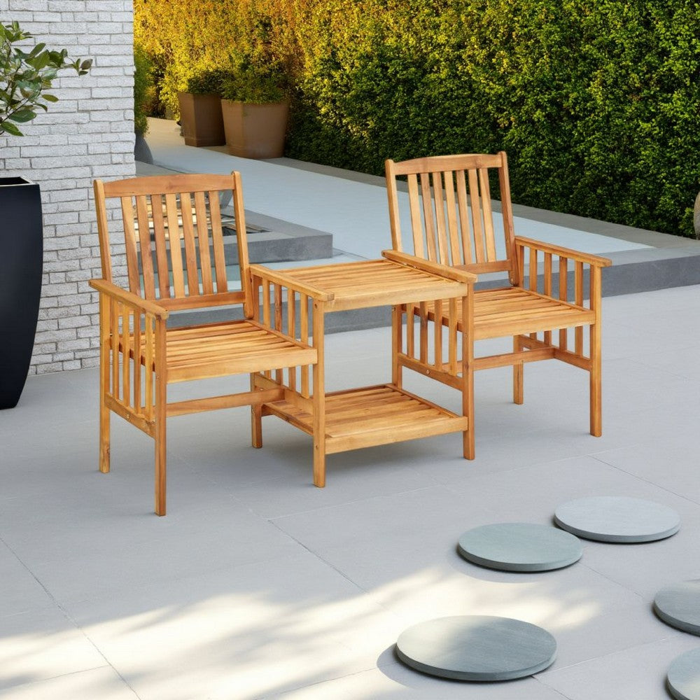 3pc Outdoor Patio Chairs w Attached Table, Slatted Solid Acacia Wood -BM325716