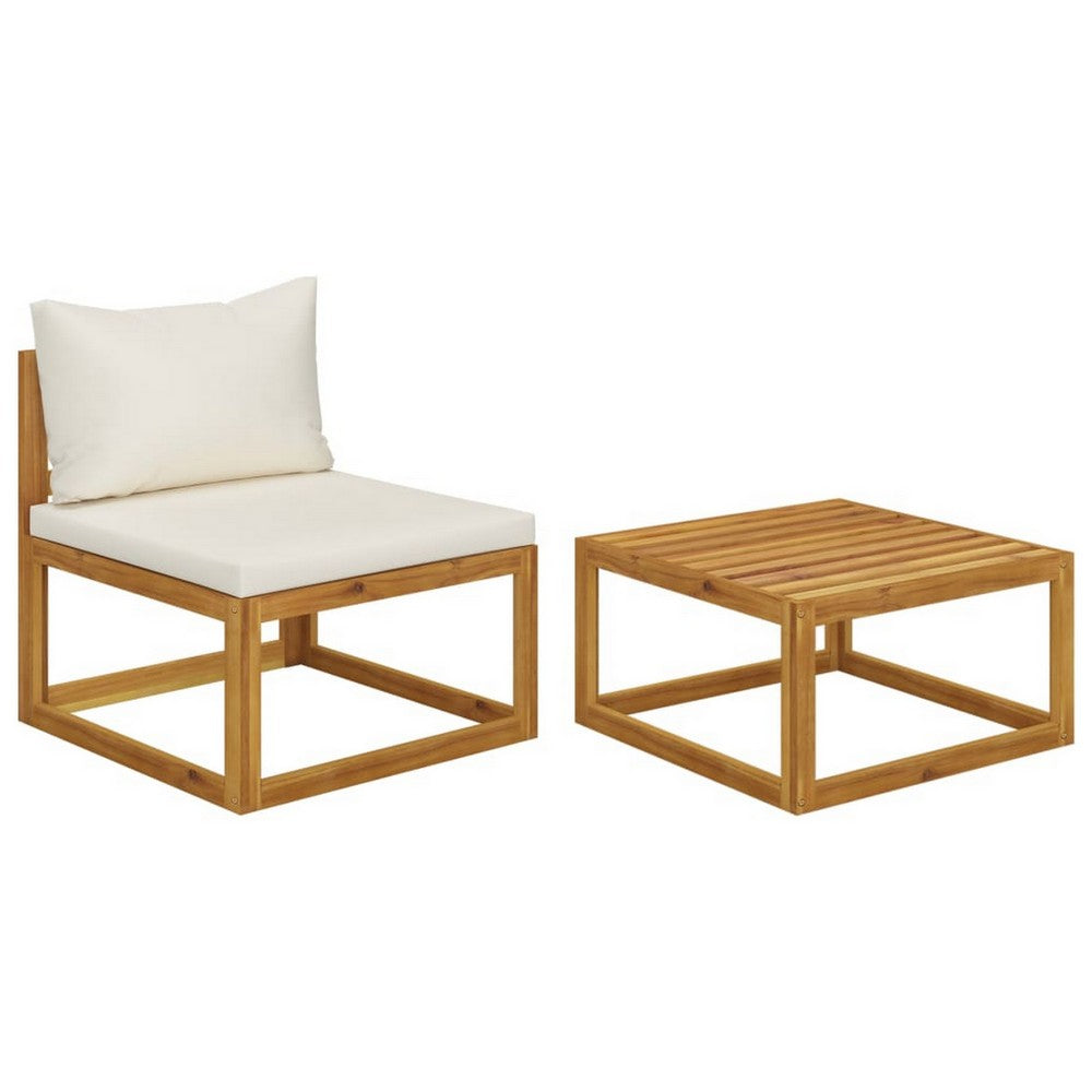 2pc Outdoor Chair and Table Set, Square Top, Brown Acacia Wood, White