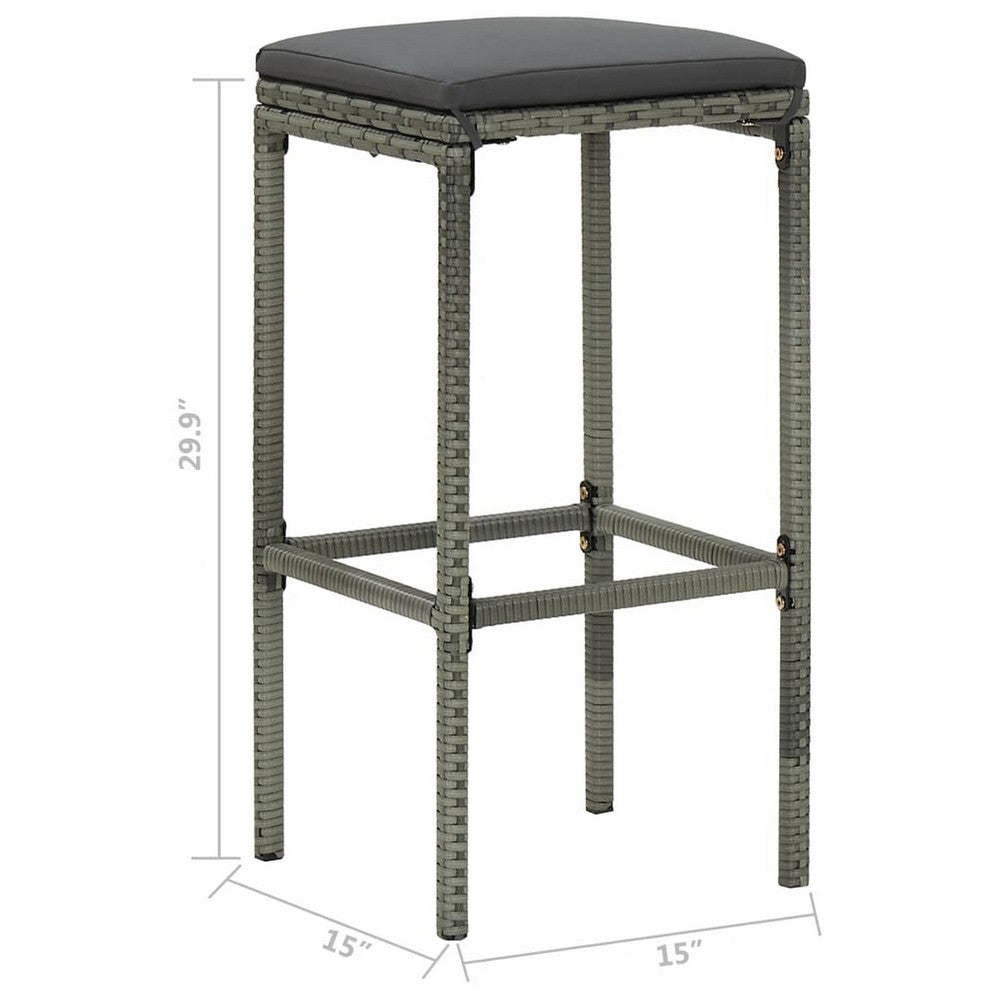 Outdoor Barstool Set of 2 with Cushions, Gray Poly Rattan and Steel -BM325805