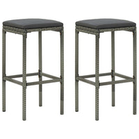 Outdoor Barstool Set of 2 with Cushions, Gray Poly Rattan and Steel
