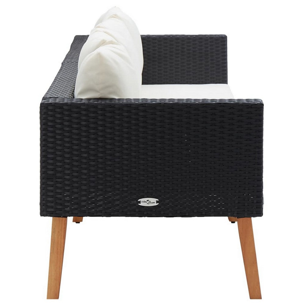 3 Seater Outdoor Sofa with White Fabric Cushions, Black Rattan 86 Inch -BM325836