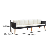 3 Seater Outdoor Sofa with White Fabric Cushions, Black Rattan 86 Inch -BM325836