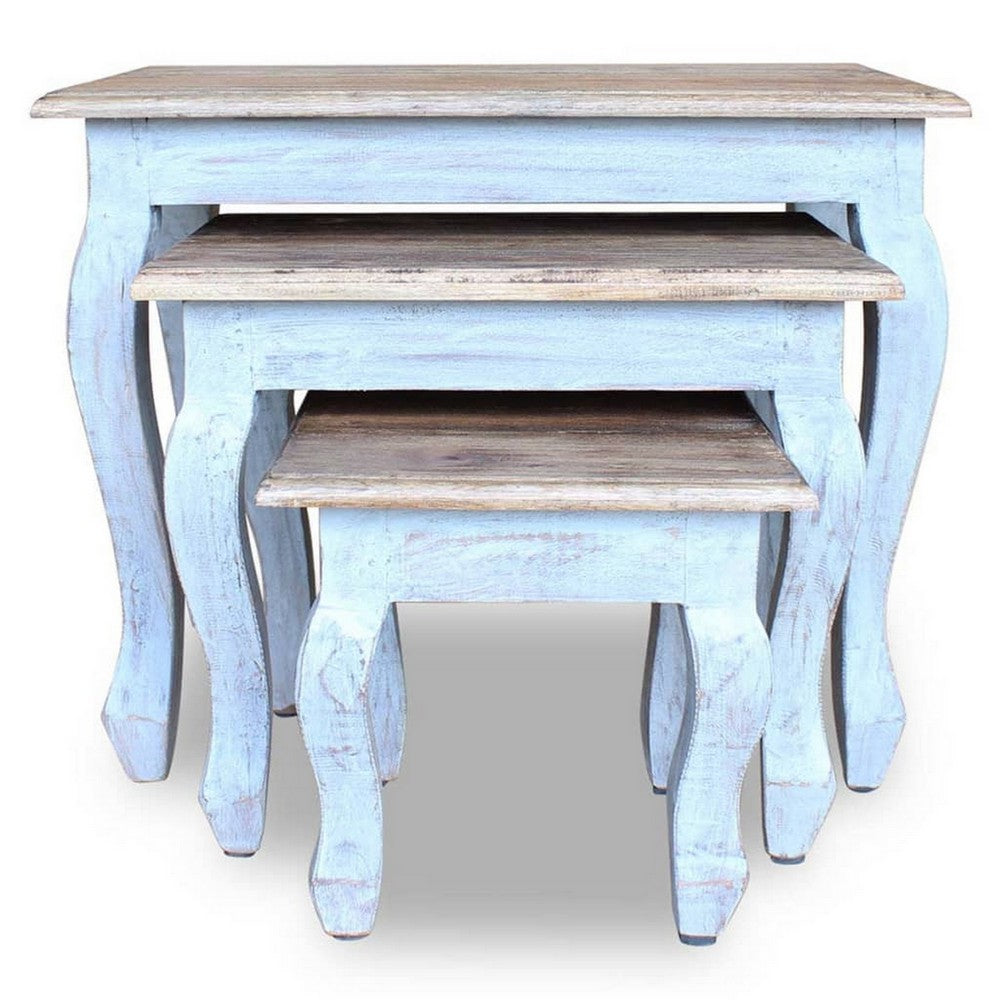 3pc Nesting End Table Set, Light Blue Turned Legs Brown Reclaimed Wood -BM325877