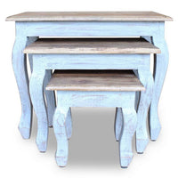 3pc Nesting End Table Set, Light Blue Turned Legs Brown Reclaimed Wood -BM325877