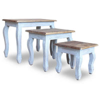 3pc Nesting End Table Set, Light Blue Turned Legs Brown Reclaimed Wood -BM325877