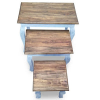 3pc Nesting End Table Set, Light Blue Turned Legs Brown Reclaimed Wood -BM325877