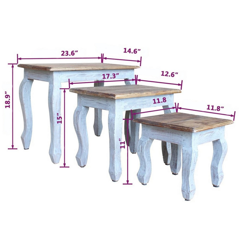 3pc Nesting End Table Set, Light Blue Turned Legs Brown Reclaimed Wood -BM325877