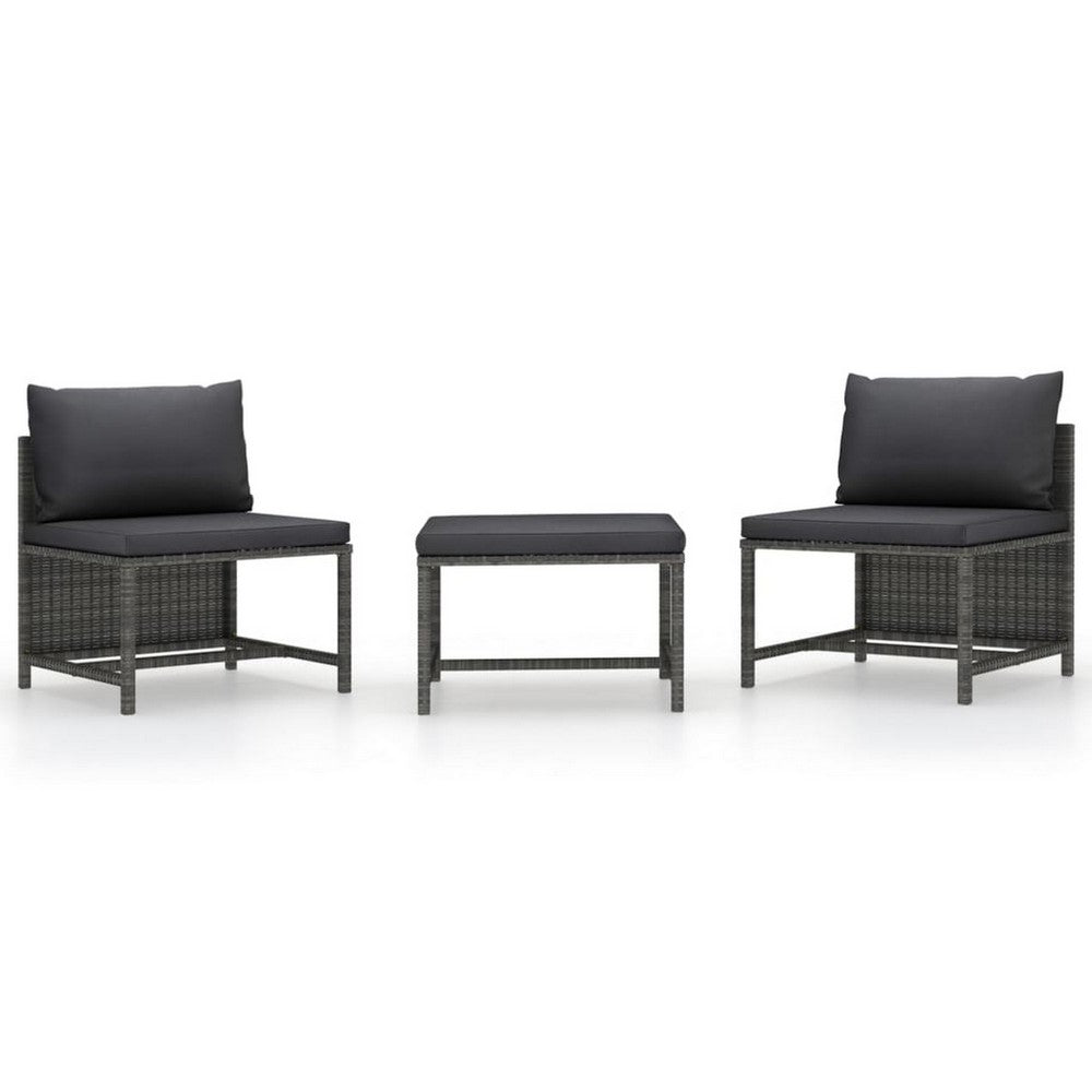 3pc Outdoor Modular Sofa Set with Ottoman, Gray Rattan and Polyester