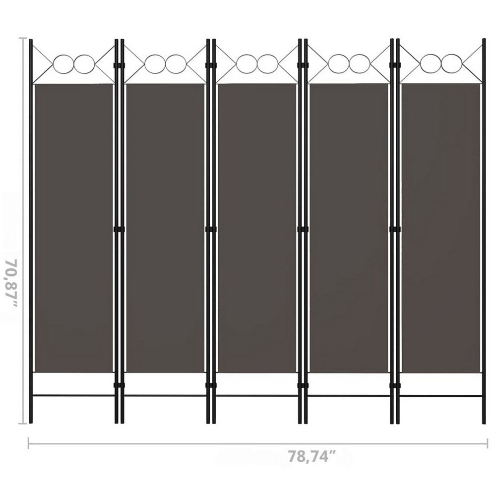 5 Panel Folding Room Divider Screen 79 Inch Tall, Gray Iron, Polyester -BM325894