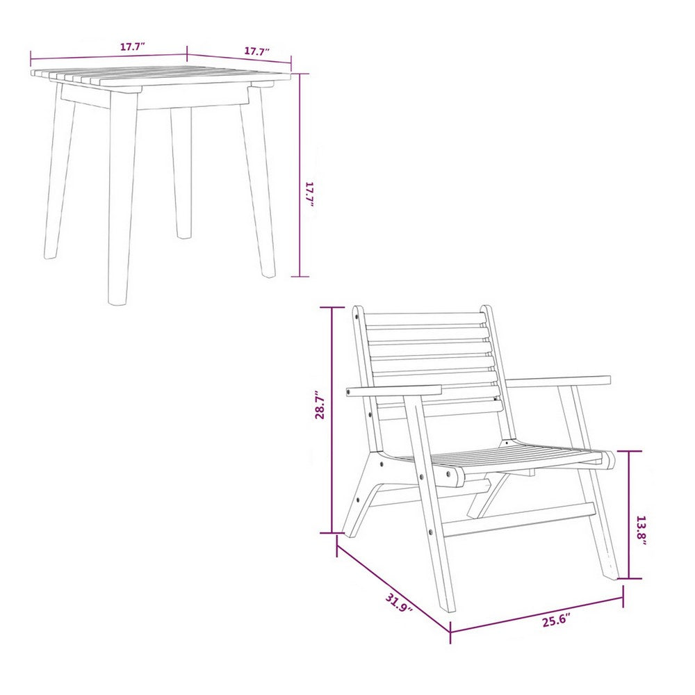 3pc Outdoor Tea Table Set, 2 Chair, Slatted Solid Brown Acacia Wood -BM325897