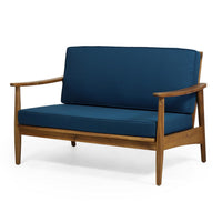 2pc Outdoor Loveseat and Table Set, Teal Cushions, Brown Wood Frame -BM325972