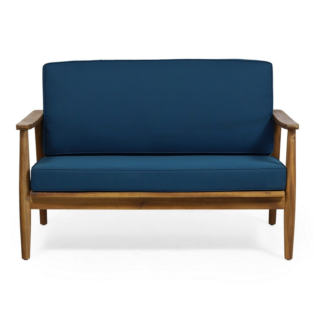 2pc Outdoor Loveseat and Table Set, Teal Cushions, Brown Wood Frame -BM325972