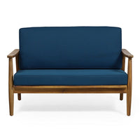 2pc Outdoor Loveseat and Table Set, Teal Cushions, Brown Wood Frame -BM325972