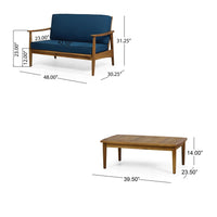 2pc Outdoor Loveseat and Table Set, Teal Cushions, Brown Wood Frame -BM325972