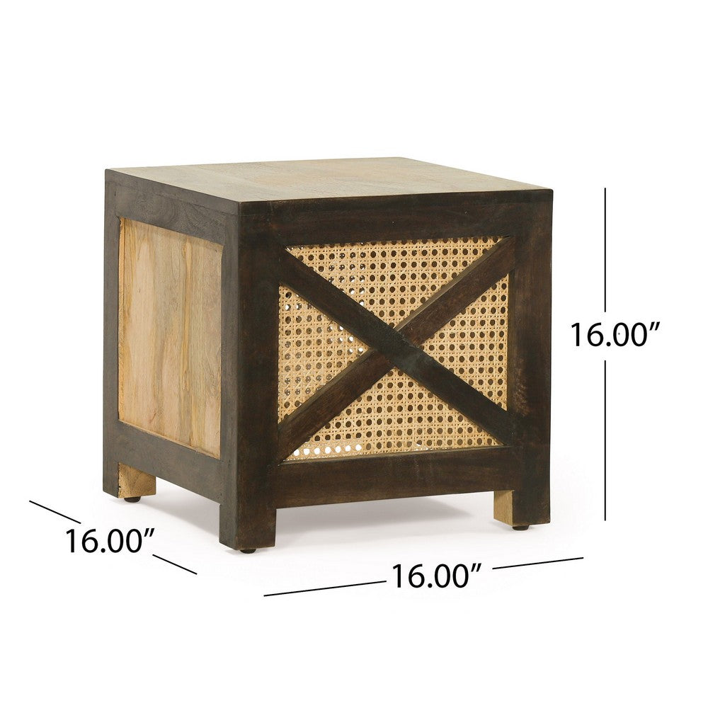 Accent Ottoman Table, 16 Inch Square, Boho Style, Cane Wicker -BM325979