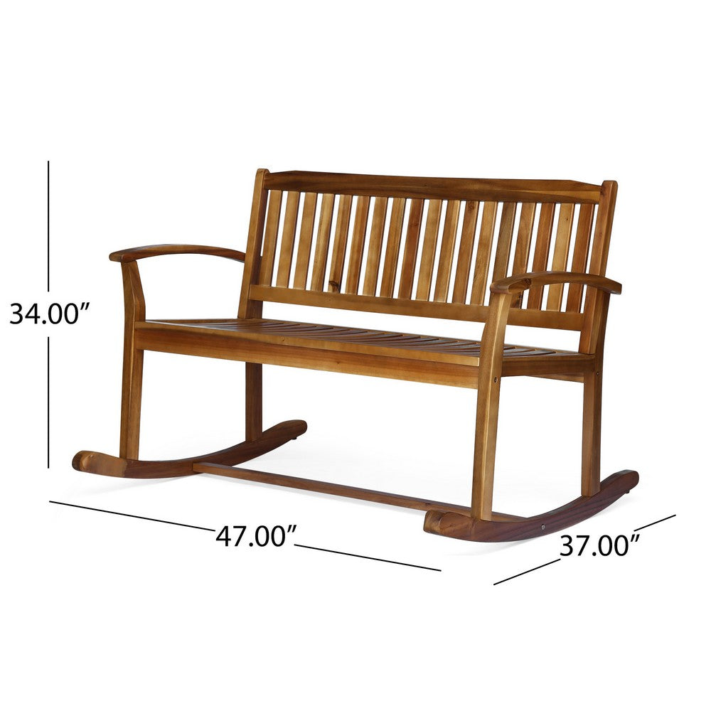 Outdoor Rocking Loveseat Bench, 50 Inch, Natural Brown Acacia Wood -BM325986