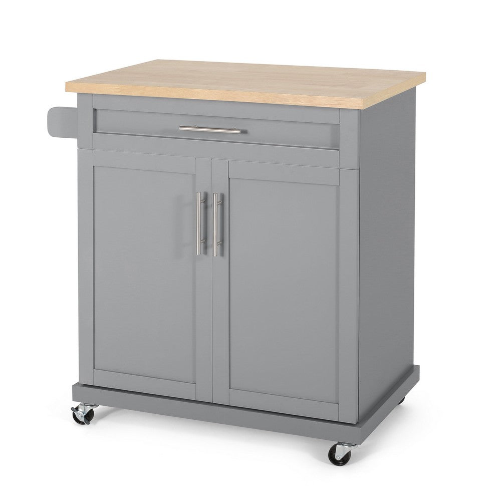 Shine Rolling Kitchen Island Bar Cart, 2 Doors, Gray, Natural Brown