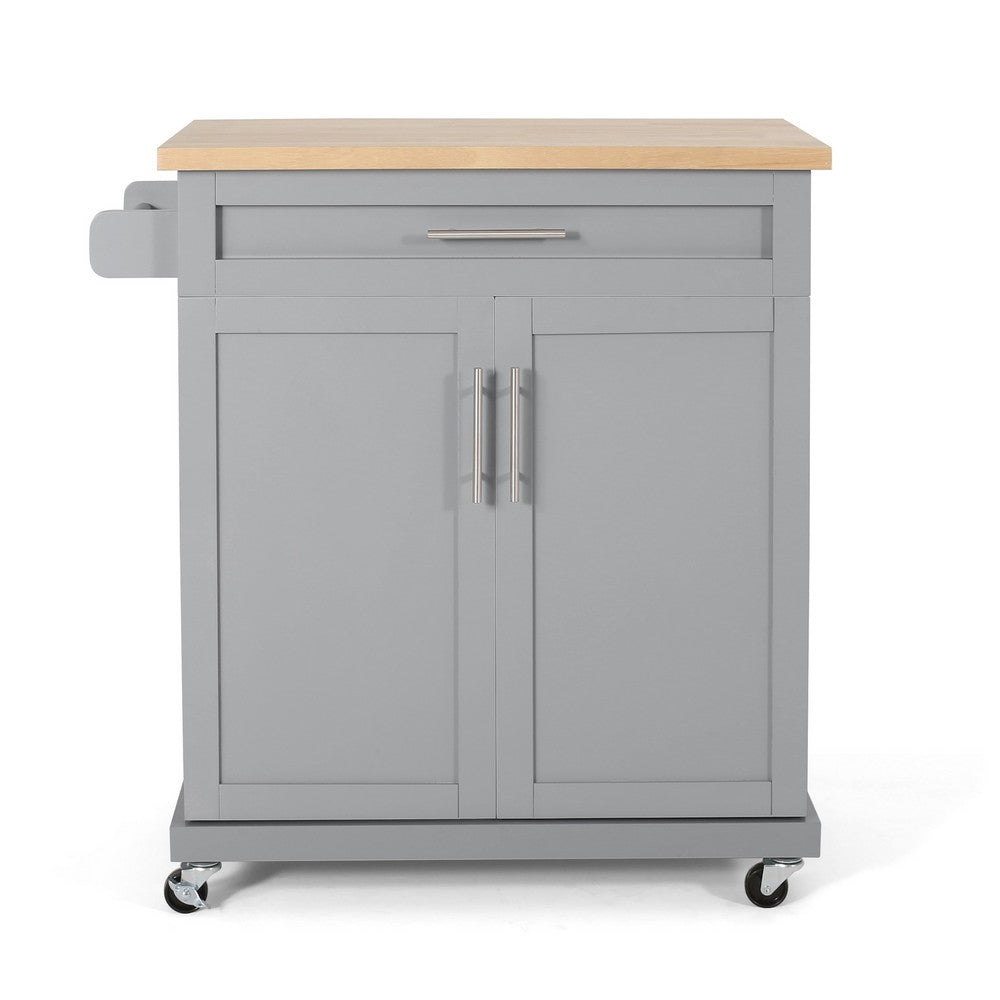 Shine Rolling Kitchen Island Bar Cart, 2 Doors, Gray, Natural Brown -BM326017