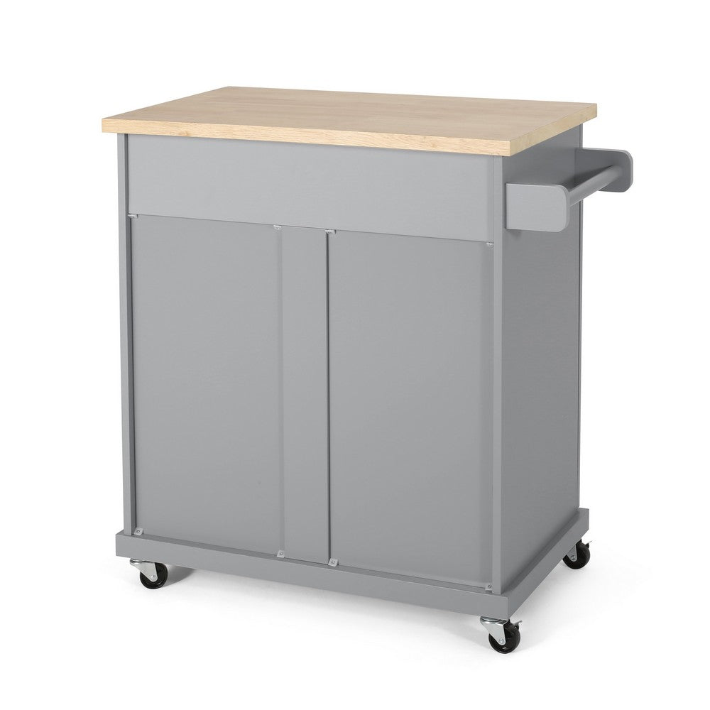 Shine Rolling Kitchen Island Bar Cart, 2 Doors, Gray, Natural Brown -BM326017