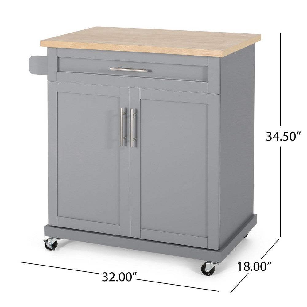Shine Rolling Kitchen Island Bar Cart, 2 Doors, Gray, Natural Brown -BM326017