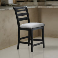 Remus Bar Height Chair, Ladder Back, Black Embossed Wood, Gray Fabric -BM326140