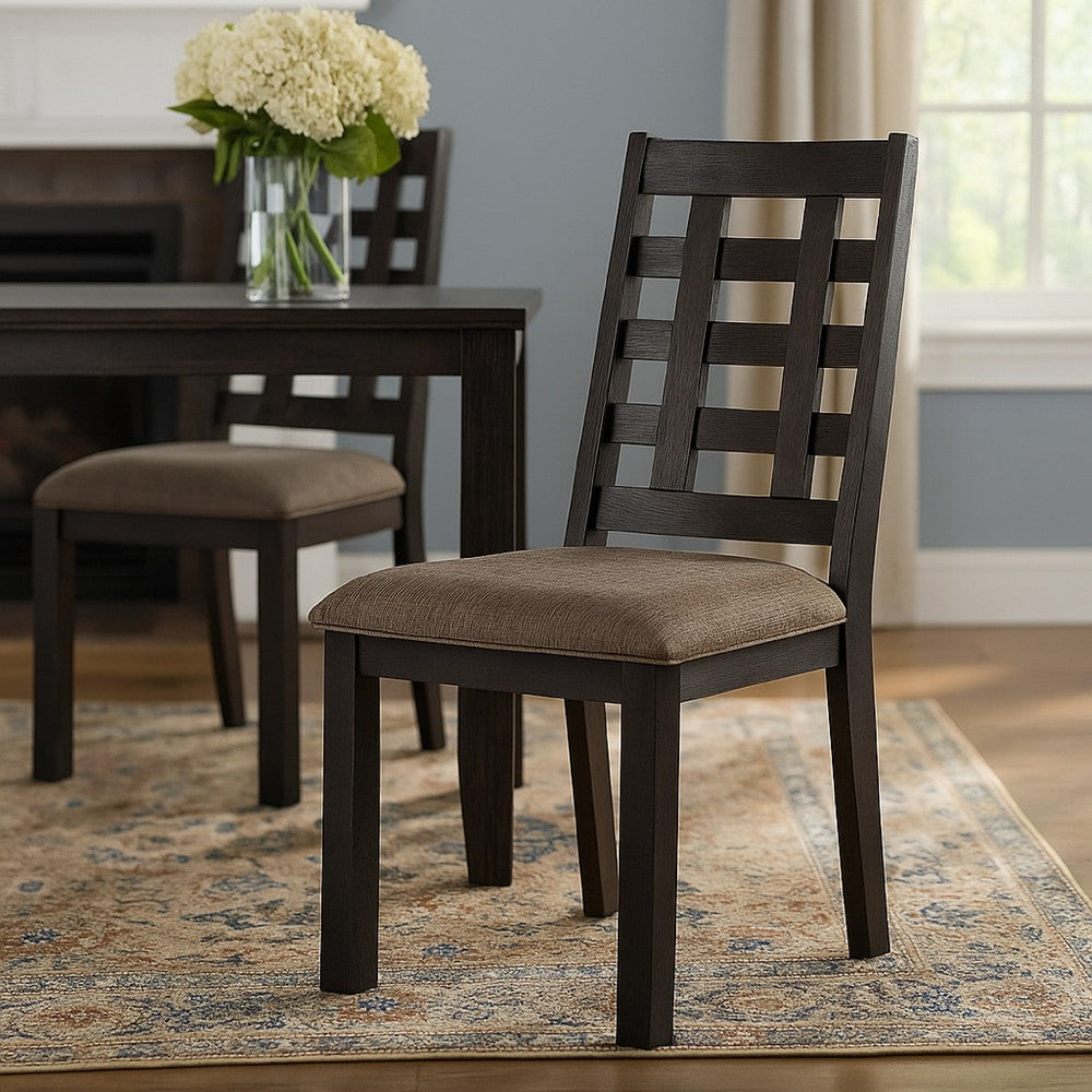 Trixy Dining Chair, Open Square Back, Espresso Wood, Beige Fabric -BM326144