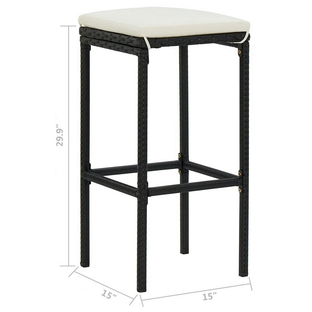 Outdoor Barstool Set of 4, Cream White Cushion, Black Poly Rattan -BM326253