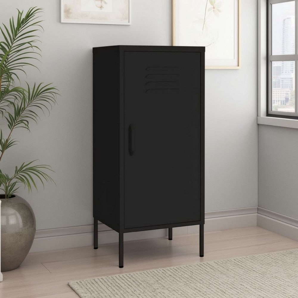 Tall Storage Cabinet, 1 Door, 2 Shelves, Modern Matte Black Steel -BM326316
