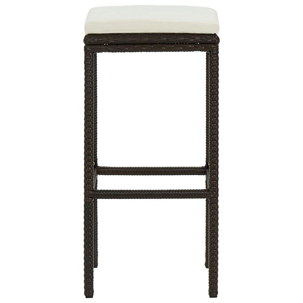 Vian Outdoor Barstool Set of 4, Brown Poly Rattan, Cream Polyester -BM326385