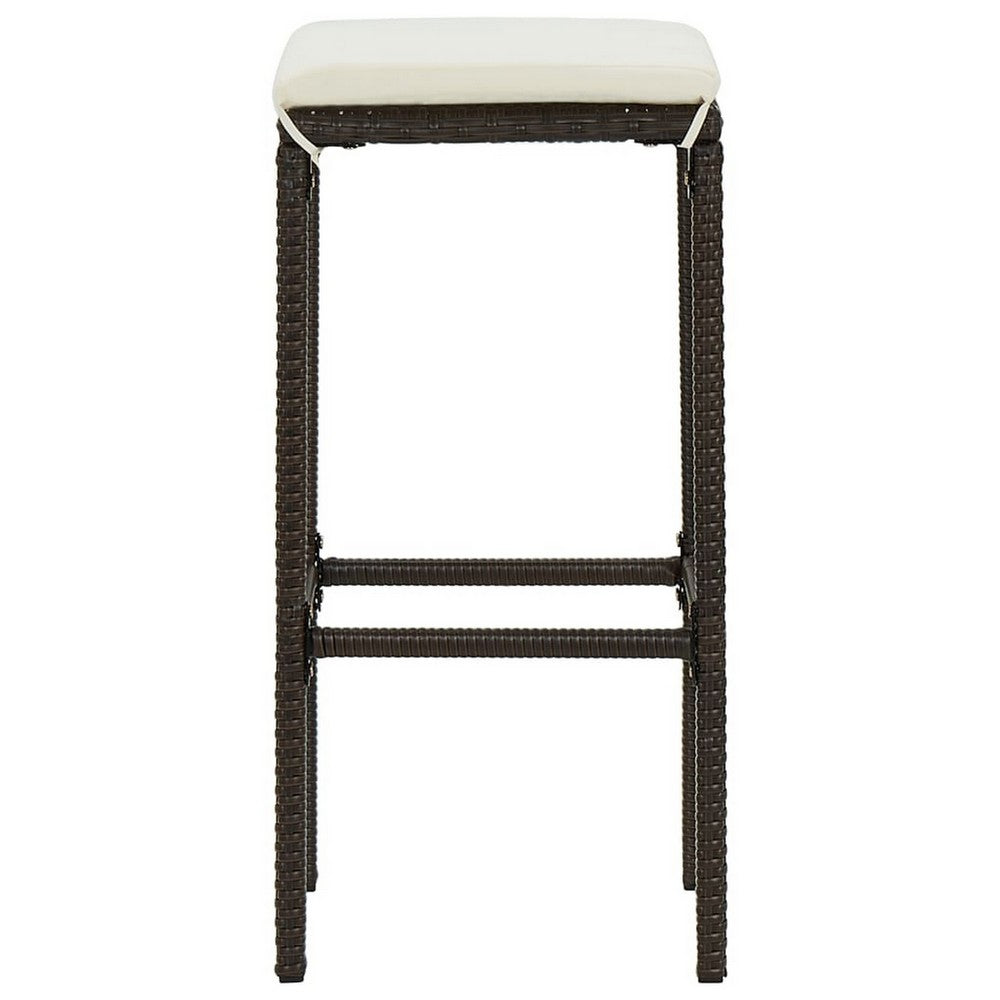 Vian Outdoor Barstool Set of 4, Brown Poly Rattan, Cream Polyester -BM326385
