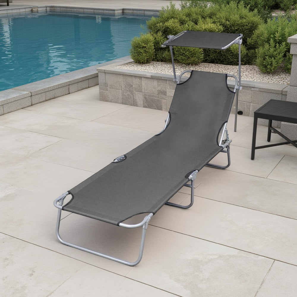 Benzara Keli Folding Chaise Lounger with Sun Canopy, Gray Aluminum