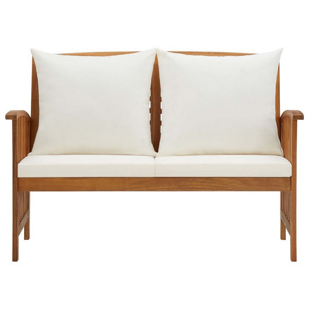 Mia Outdoor Loveseat Bench, Gray Cushions, Brown Solid Wood, 47 Inch -BM326402