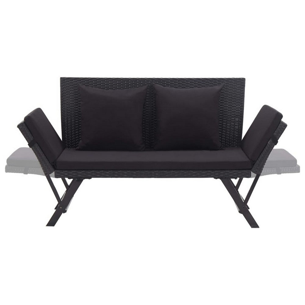 Outdoor Loveseat Bench, Black Fabric Cushions, Rattan, Steel, 51 Inch -BM326417