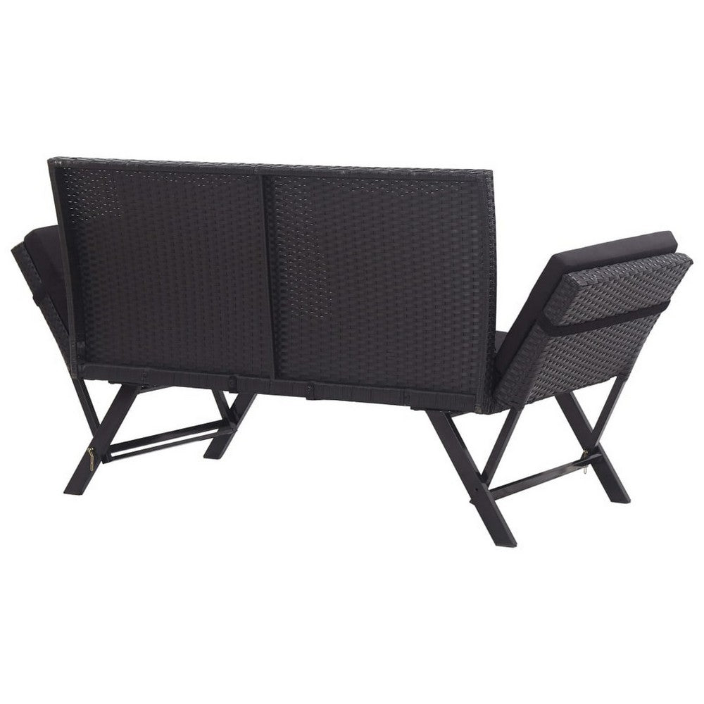 Outdoor Loveseat Bench, Black Fabric Cushions, Rattan, Steel, 51 Inch -BM326417