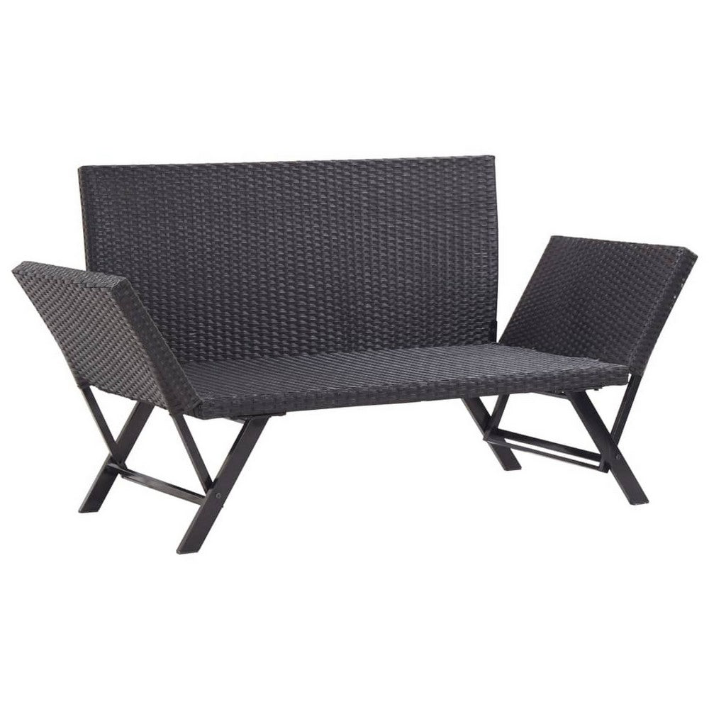Outdoor Loveseat Bench, Black Fabric Cushions, Rattan, Steel, 51 Inch -BM326417