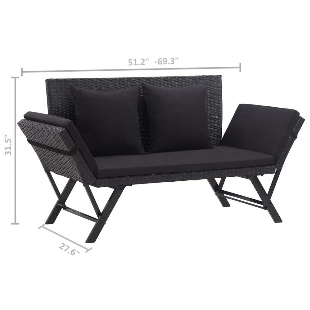 Outdoor Loveseat Bench, Black Fabric Cushions, Rattan, Steel, 51 Inch -BM326417