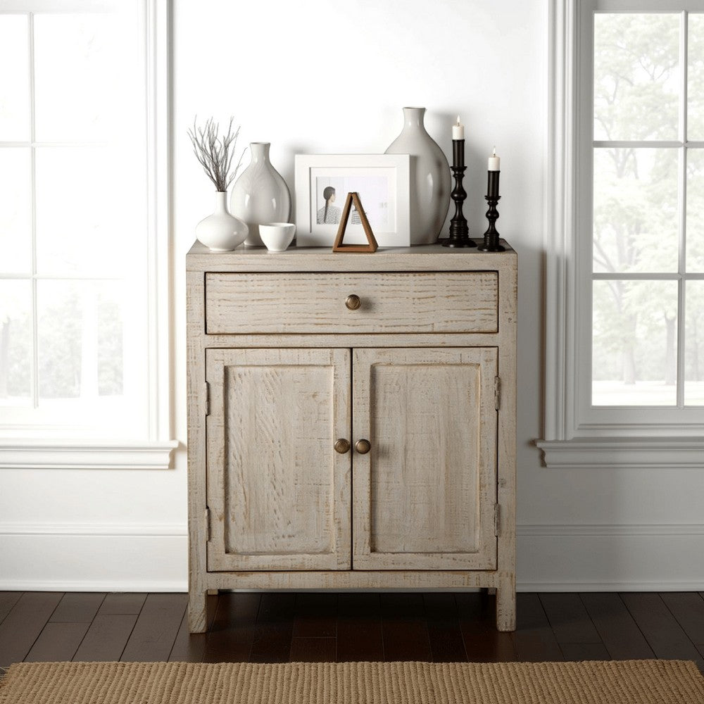 Lia Small Accent Cabinet, 2 Door, Drawer, Antique Style Whitewash Wood -BM326523