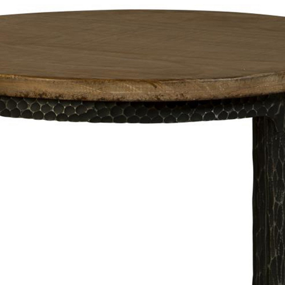 Lemy Side End Table, 22 Inch Rustic Round Brown Top, Black Metal Legs -BM326527