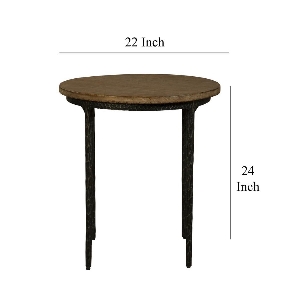 Lemy Side End Table, 22 Inch Rustic Round Brown Top, Black Metal Legs -BM326527