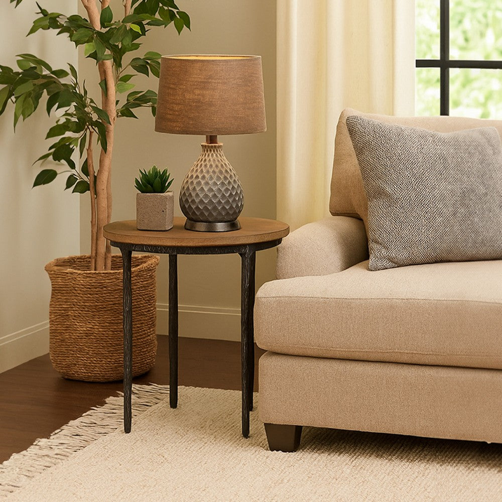 Lemy Side End Table, 22 Inch Rustic Round Brown Top, Black Metal Legs -BM326527