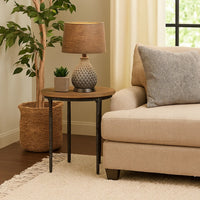 Lemy Side End Table, 22 Inch Rustic Round Brown Top, Black Metal Legs -BM326527