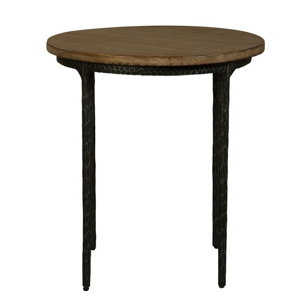 Lemy Side End Table, 22 Inch Rustic Round Brown Top, Black Metal Legs -BM326527
